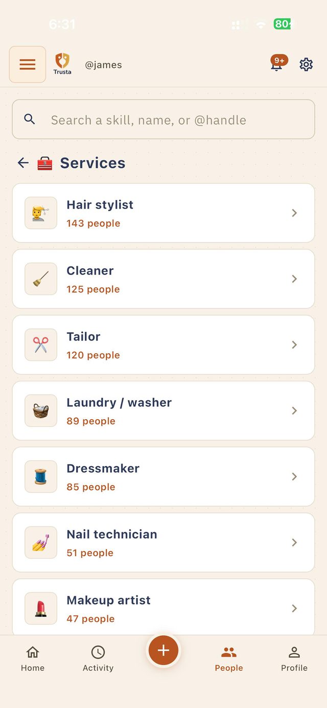 The services directory listing trades such as hair stylist, cleaner and tailor with provider counts
