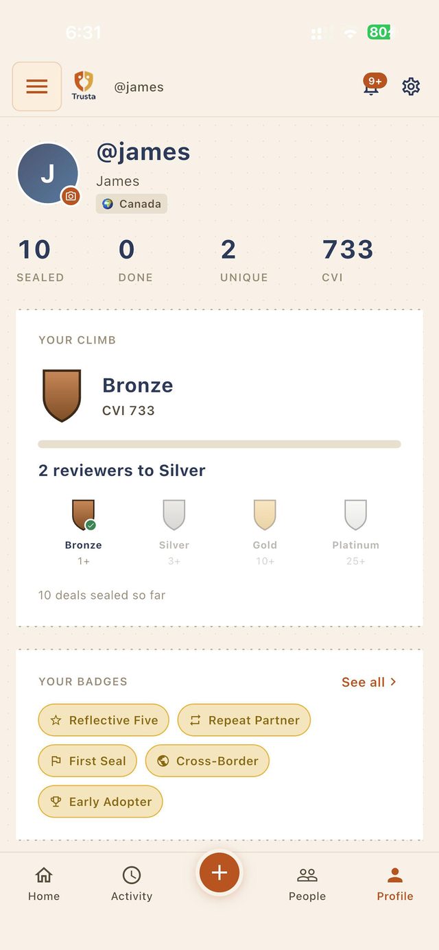A Trusta profile with a trust score climbing toward the next band