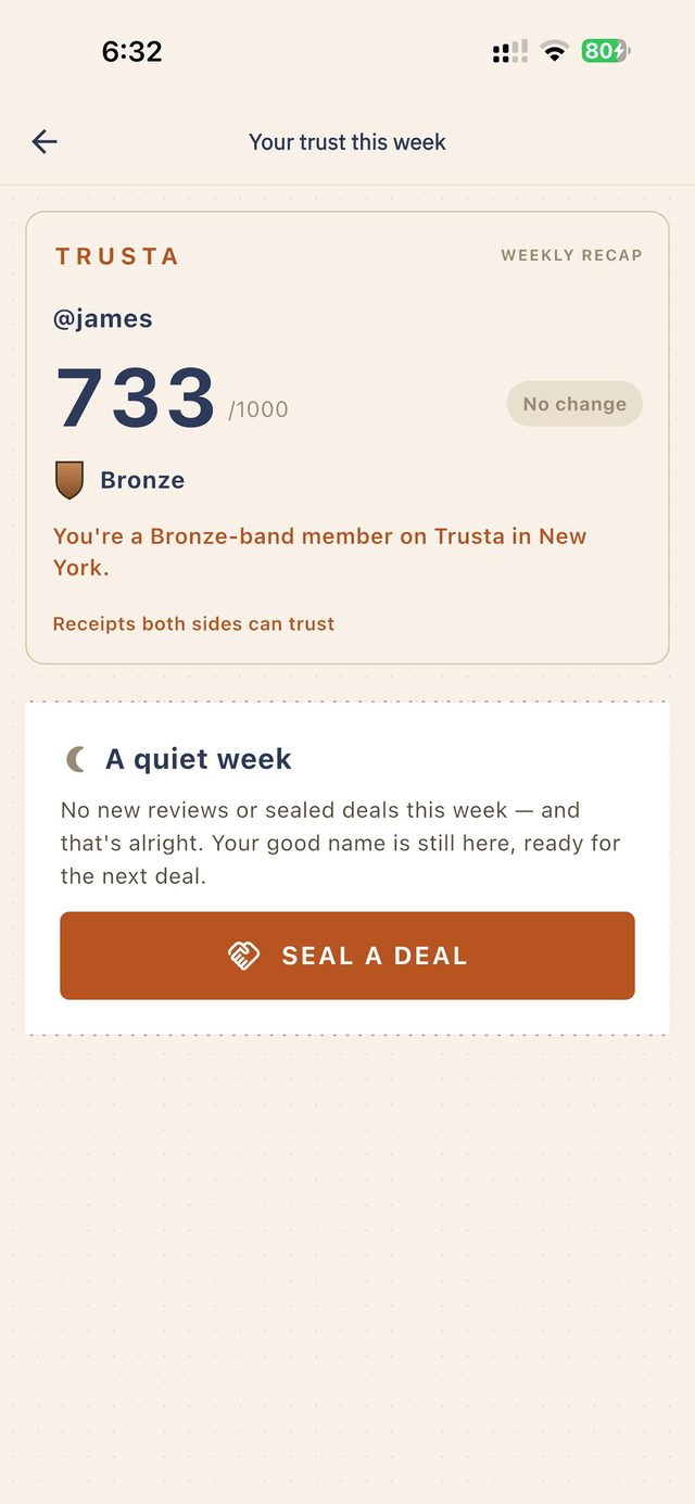 A weekly trust recap card in the Trusta app