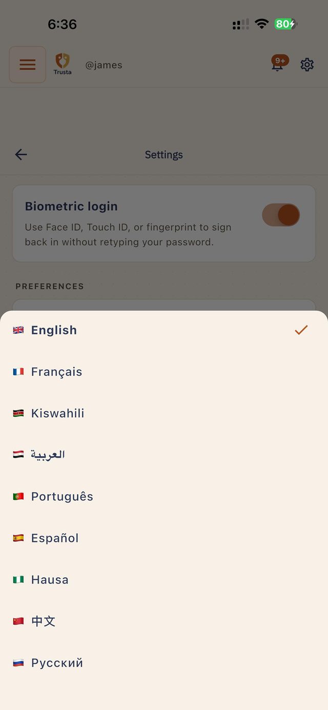 The language settings screen listing English, French, Swahili, Arabic and more